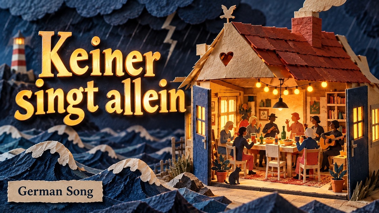 Keiner singt allein artwork: neighbours gathered in a warmly lit house